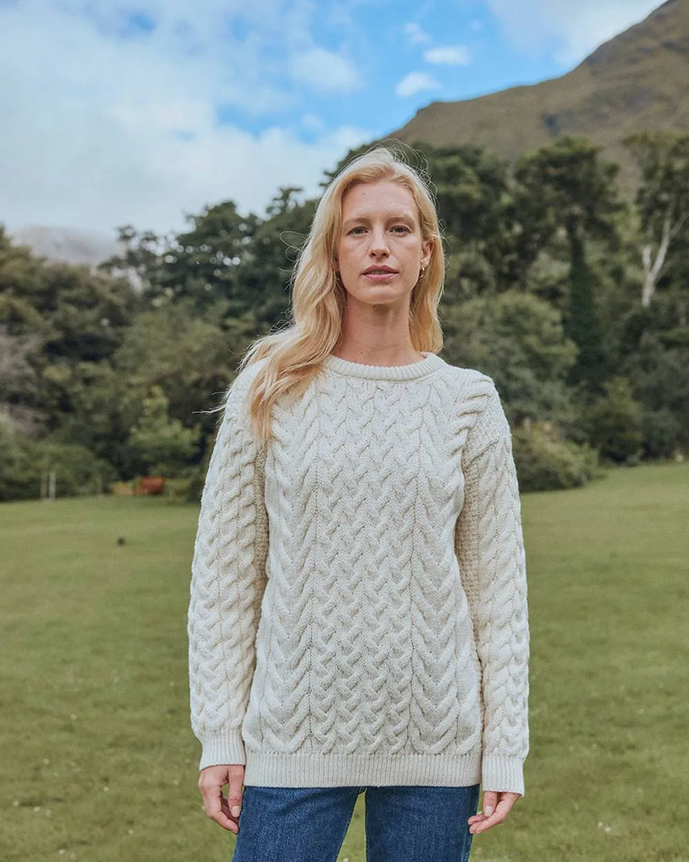 Aran Merino Wool Crew Neck Jumper Men's Knit Sweaters