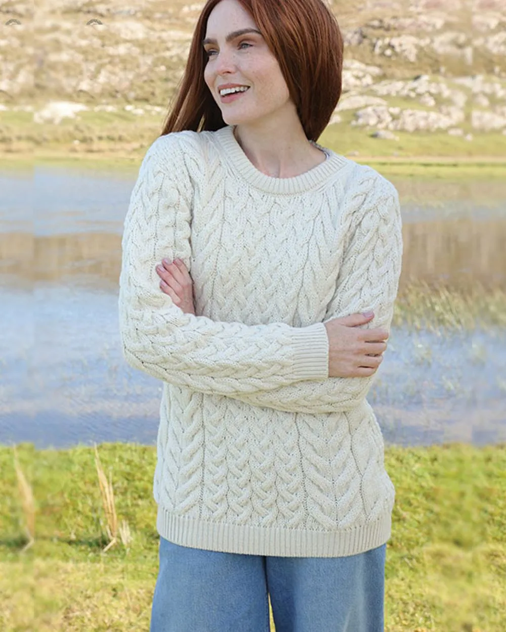 Aran Merino Wool Crew Neck Jumper Men's Knit Sweaters
