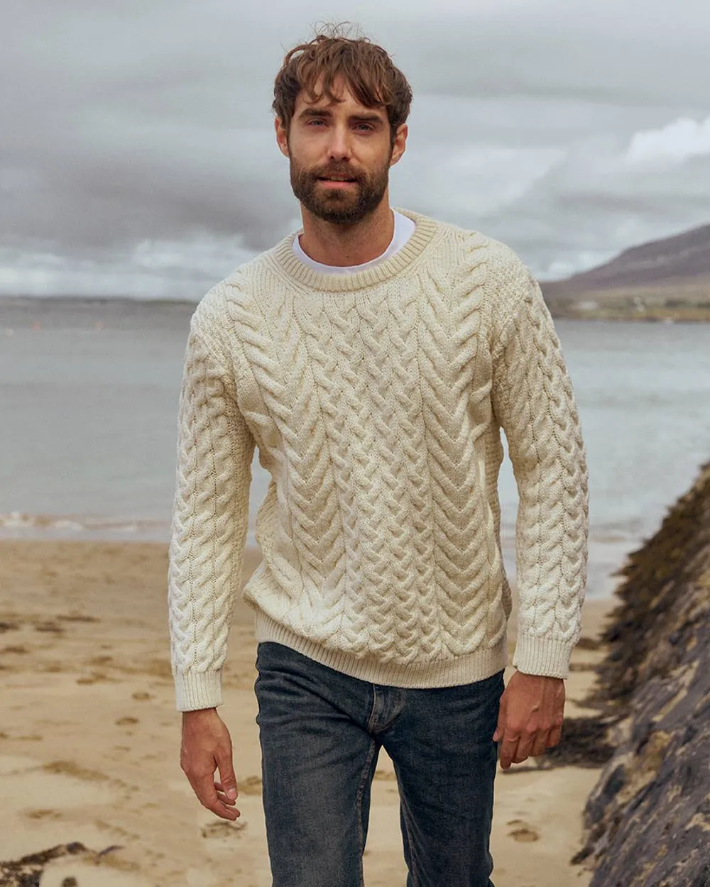 Aran Merino Wool Crew Neck Jumper Men's Knit Sweaters