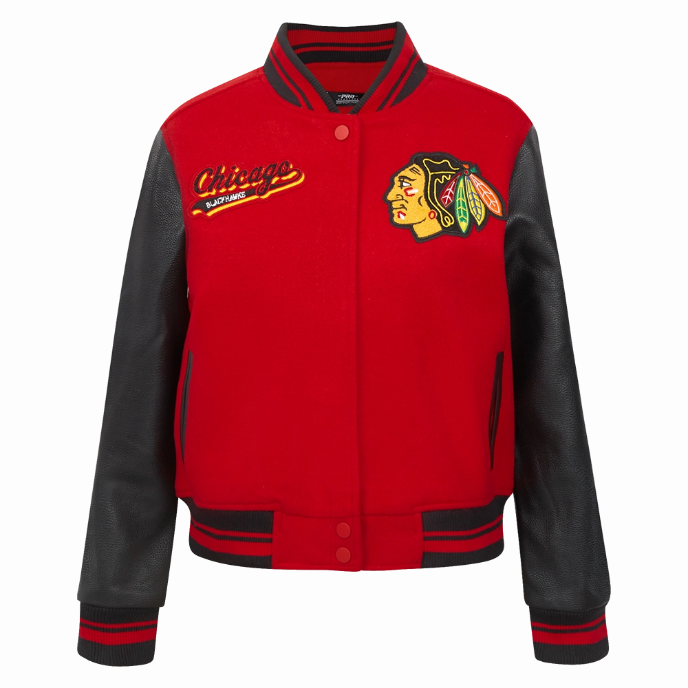 CHAMARRA UNIVERSITARIA NHL CHICAGO BLACKHAWKS SCRIPT TAIL PARA MUJER