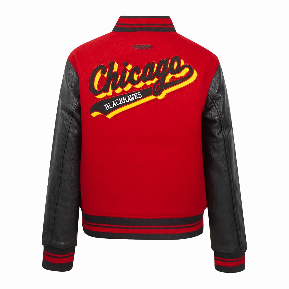 CHAMARRA UNIVERSITARIA NHL CHICAGO BLACKHAWKS SCRIPT TAIL PARA MUJER
