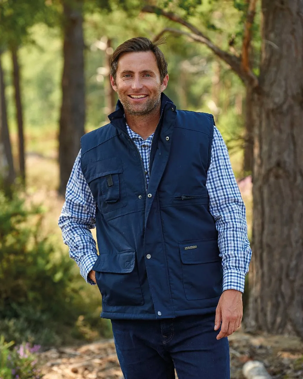 Champion Peak Multi-Pocket Padded Bodywarmer Tartan Plaid Shirts Men