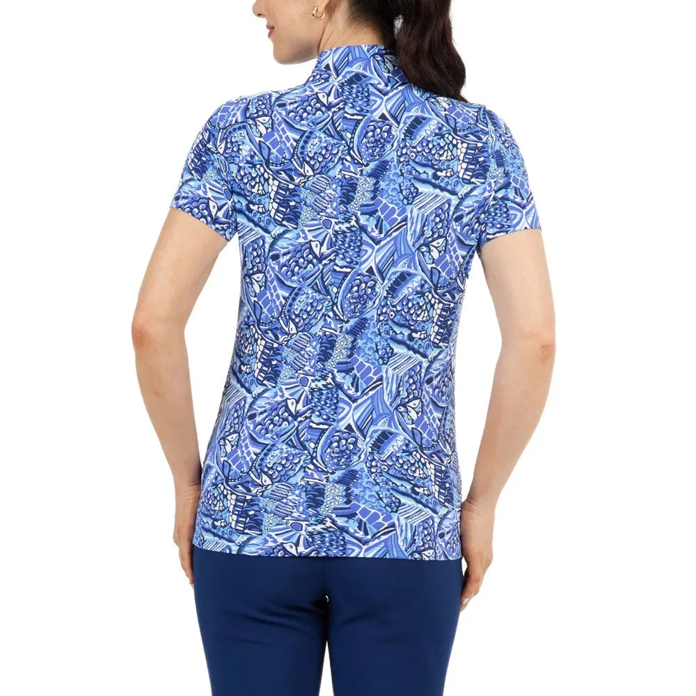 Ibkul Women'S Krista Print Short Sleeve Zip Mock Neck - Plum/ Lavender Be Unstoppable