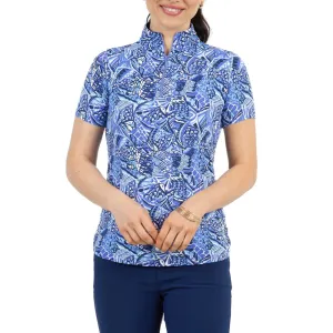 Holiday Sale Ibkul Women'S Krista Print Short Sleeve Zip Mock Neck - Plum/ Lavender