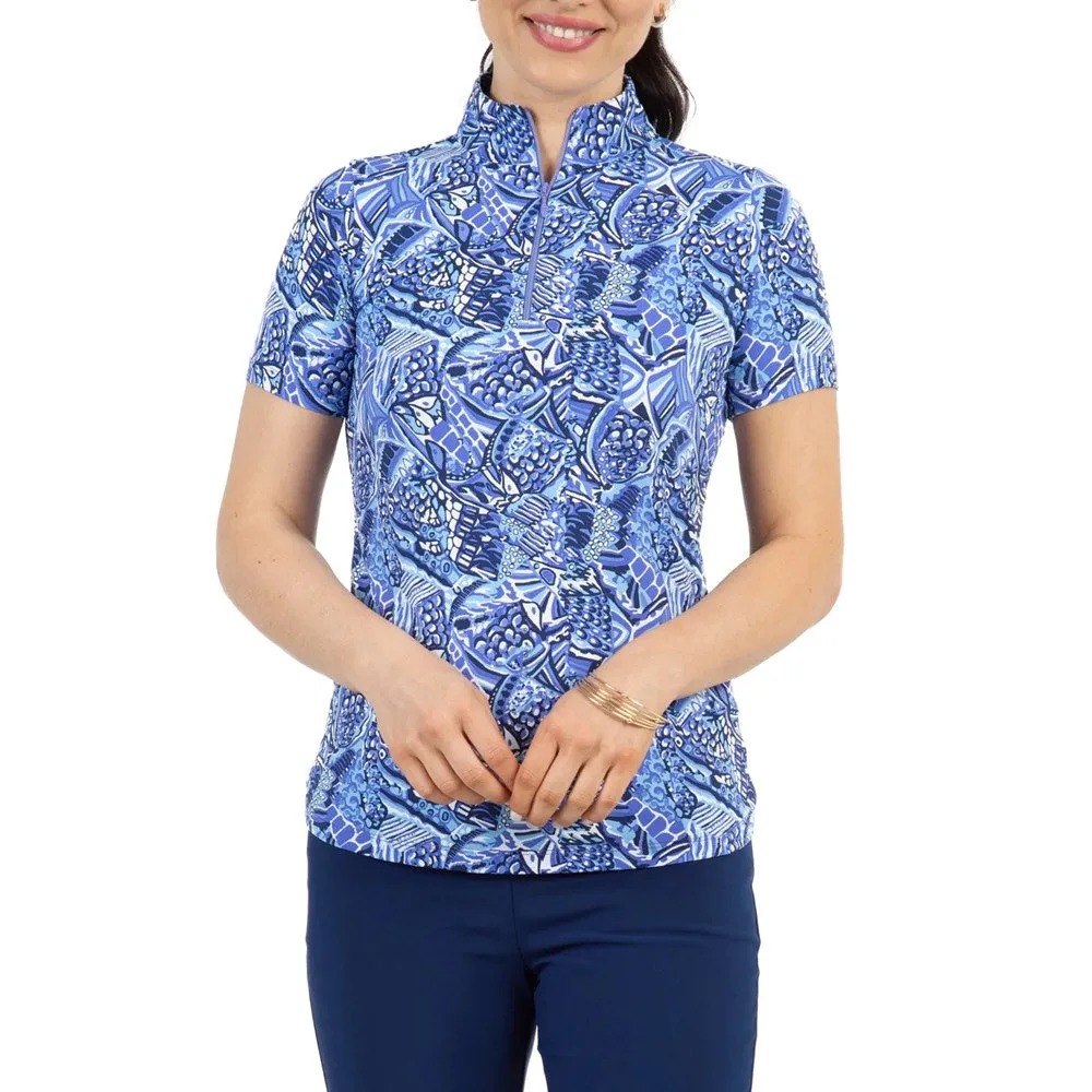 Holiday Sale Ibkul Women'S Krista Print Short Sleeve Zip Mock Neck - Plum/ Lavender
