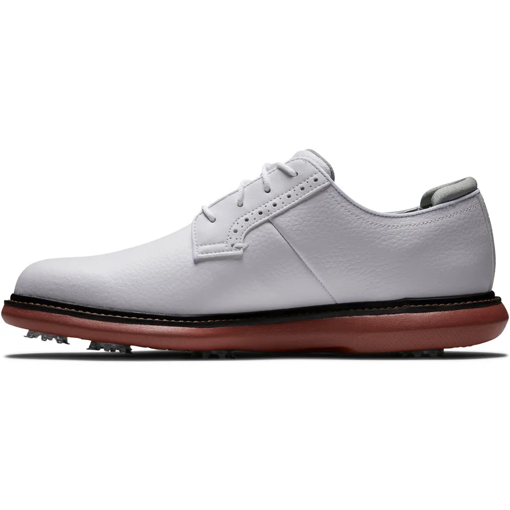 Footjoy Traditions Blucher Spiked Waterproof Shoes - White/White/Brick Style Meets Power New Year's Eve Sale