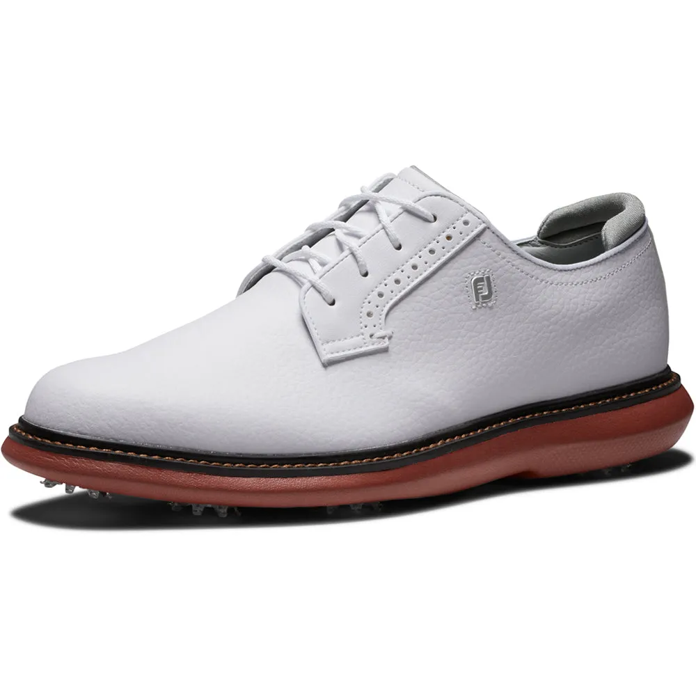 Footjoy Traditions Blucher Spiked Waterproof Shoes - White/White/Brick Step Into Strength Make a Statement