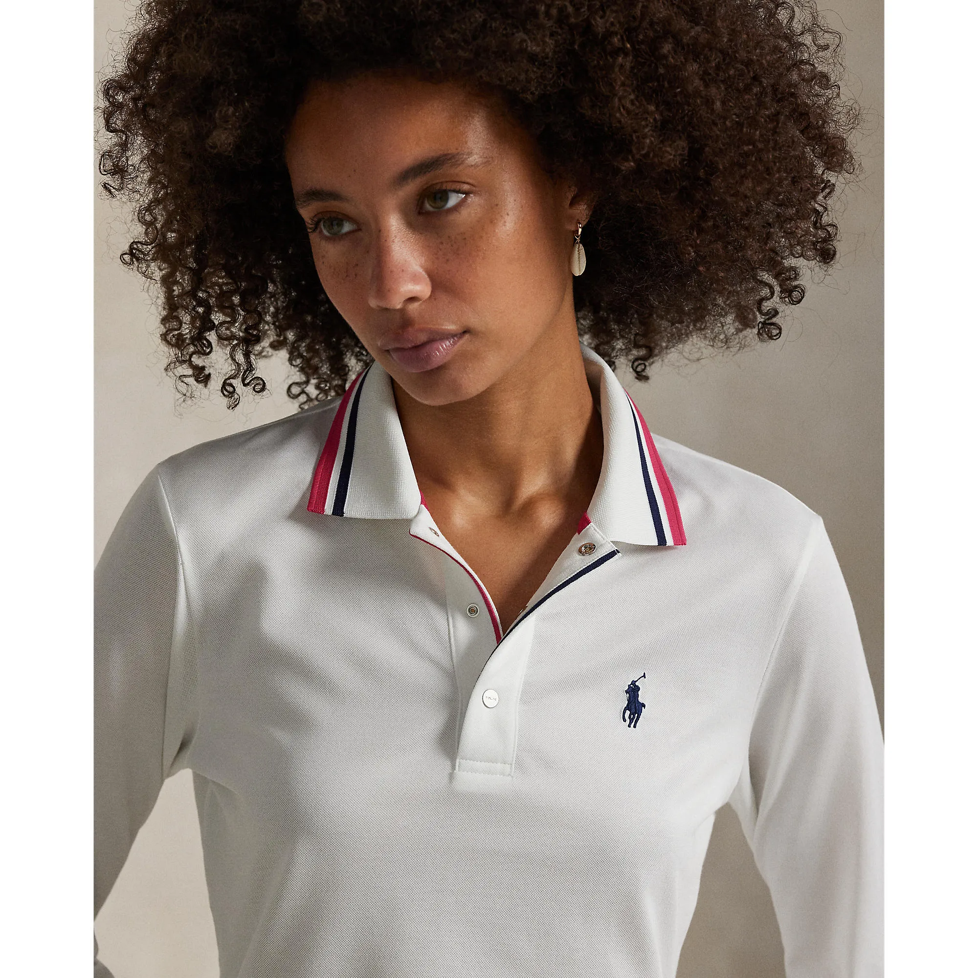 Rlx Ralph Lauren Women'S Tour Pique Long Sleeve Polo Shirt - Ceramic White/Currant Lead with Style Command Attention