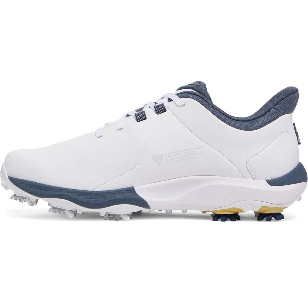 Built to Move You Christmas Day Sale Under Armour Drive Pro Spiked Waterproof Shoes - White/Metallic Gold/Downpour Grey