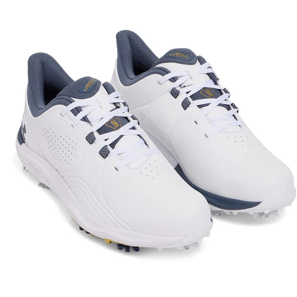 Under Armour Drive Pro Spiked Waterproof Shoes - White/Metallic Gold/Downpour Grey Be Unstoppable Own the Moment