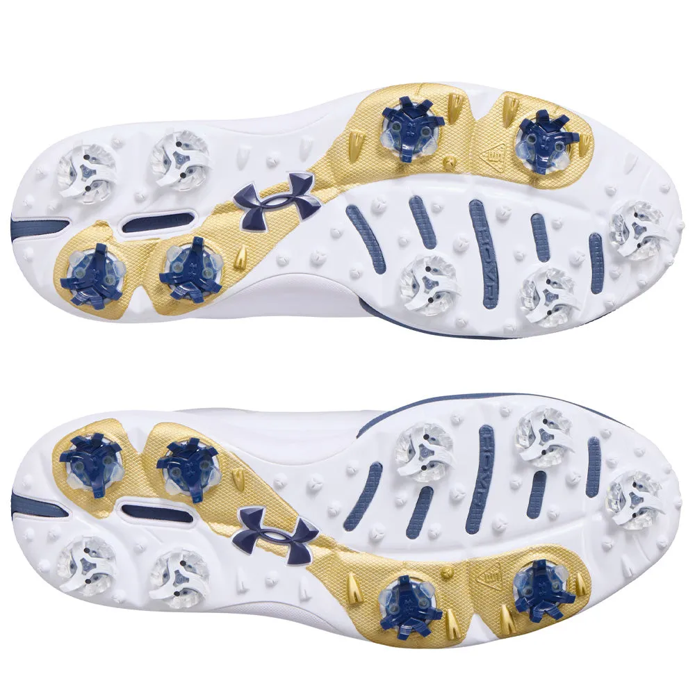 Under Armour Drive Pro Spiked Waterproof Shoes - White/Metallic Gold/Downpour Grey Special Offer Christmas Day Sale