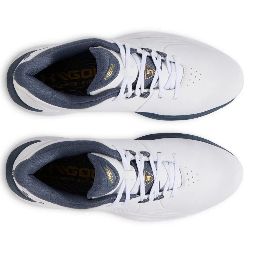Under Armour Drive Pro Spiked Waterproof Shoes - White/Metallic Gold/Downpour Grey Chase What Moves You