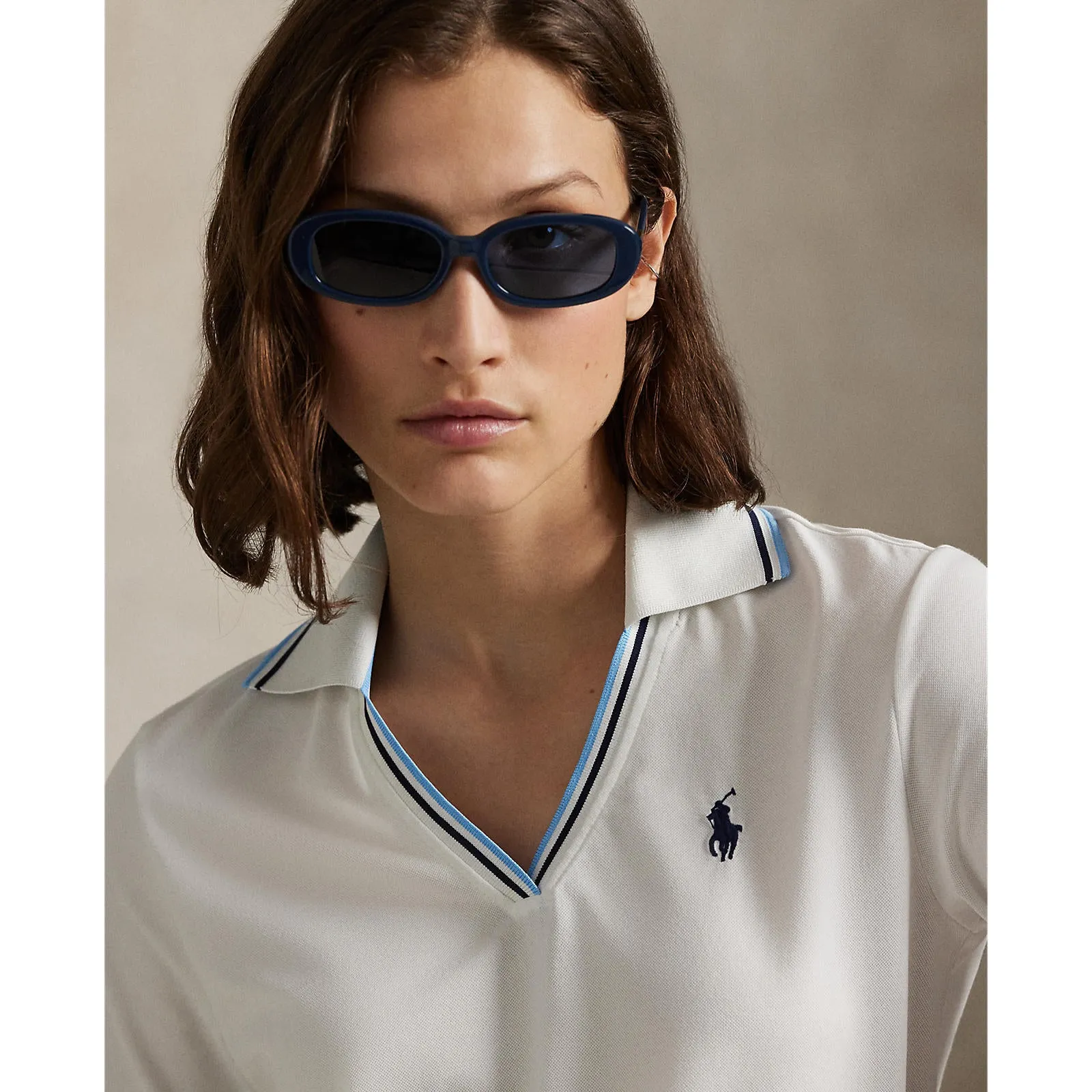 Rlx Ralph Lauren Women'S V Neck Tour Pique Golf Polo Shirt - Ceramic White/Refined Navy/Sutton Blue Keep Going Strong Budget Friendly