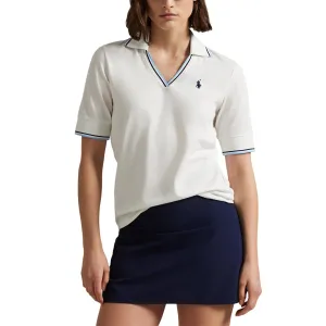 No Limits, Just Style Rlx Ralph Lauren Women'S V Neck Tour Pique Golf Polo Shirt - Ceramic White/Refined Navy/Sutton Blue