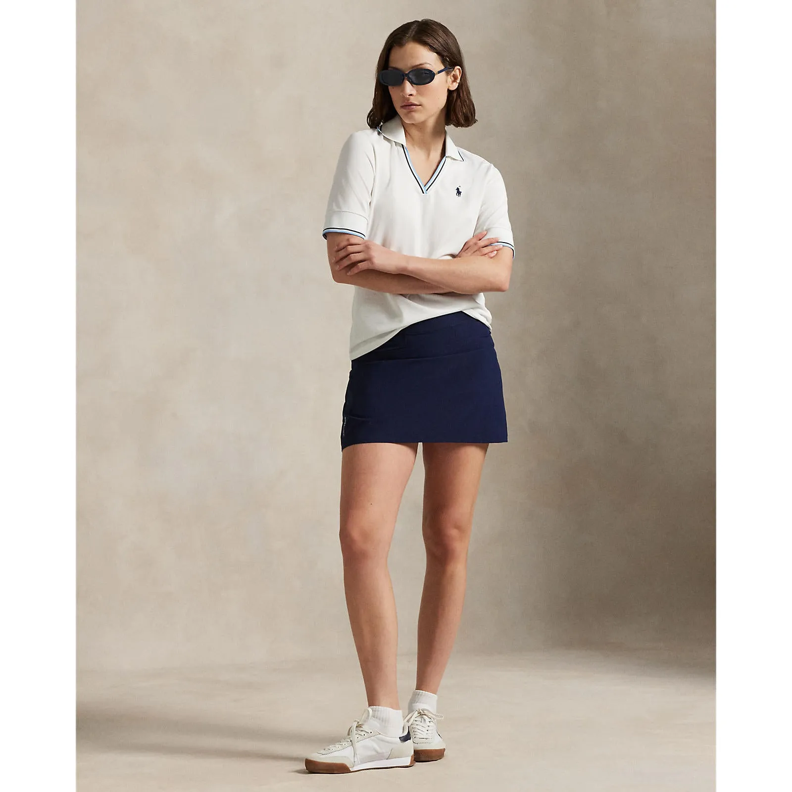 Rlx Ralph Lauren Women'S V Neck Tour Pique Golf Polo Shirt - Ceramic White/Refined Navy/Sutton Blue New Year's Eve Sale Own the Streets