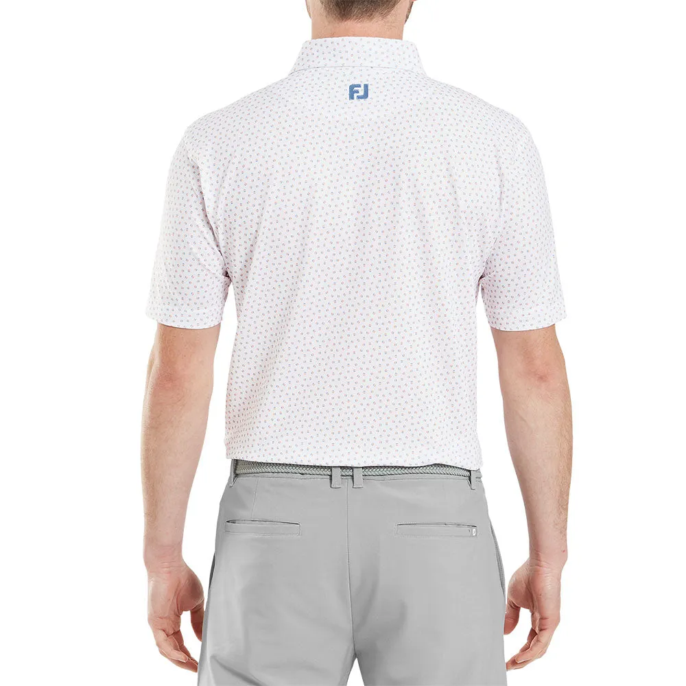 Dare to Lead Footjoy Bounce Print Pique Polo Shirt - White/Orange/Blue Jay