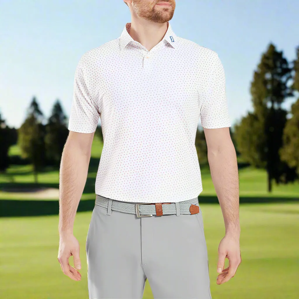 Rise Every Time Footjoy Bounce Print Pique Polo Shirt - White/Orange/Blue Jay