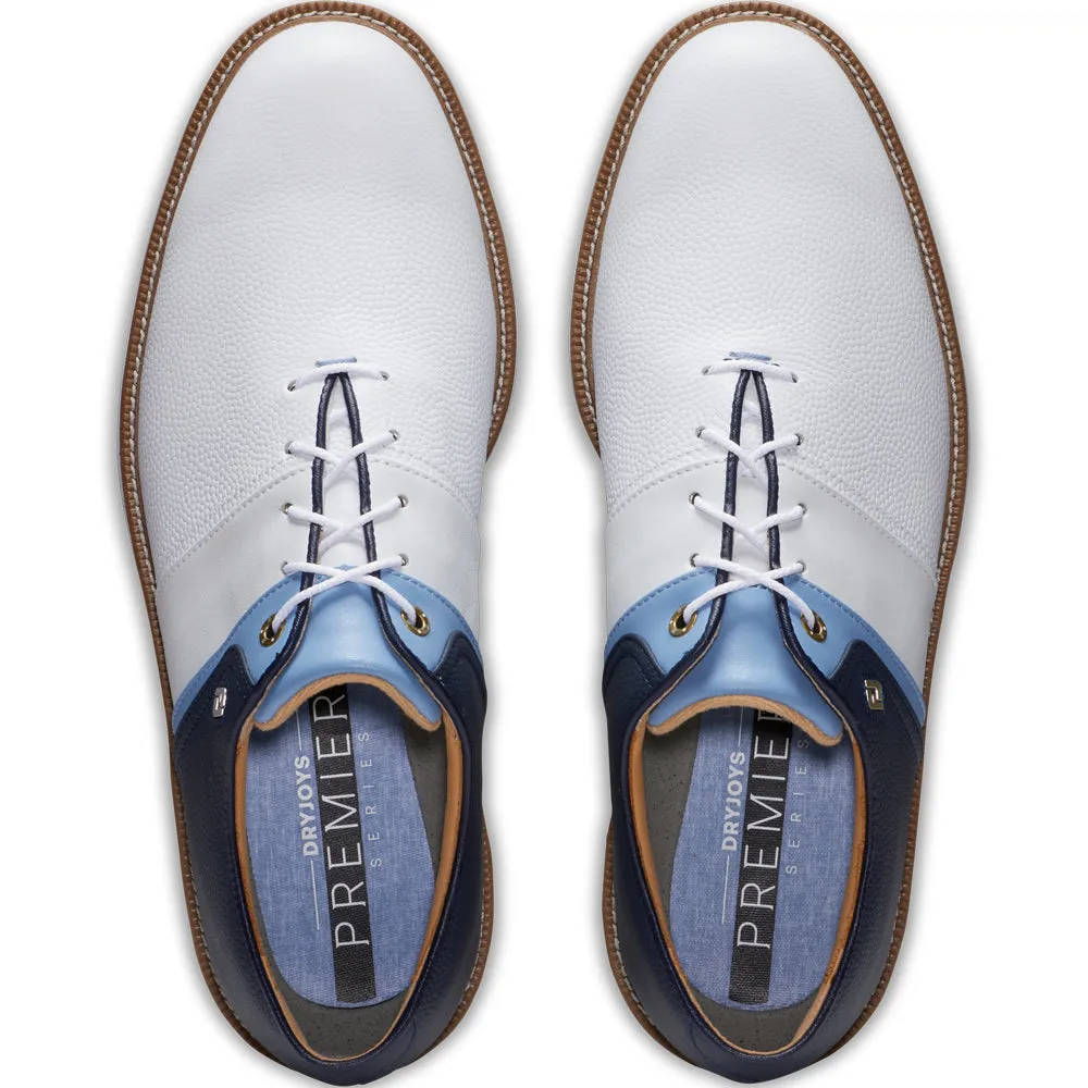 Footjoy Premiere Series Packard Spiked Waterproof Shoes - White/Blue/Navy Made to Turn Heads