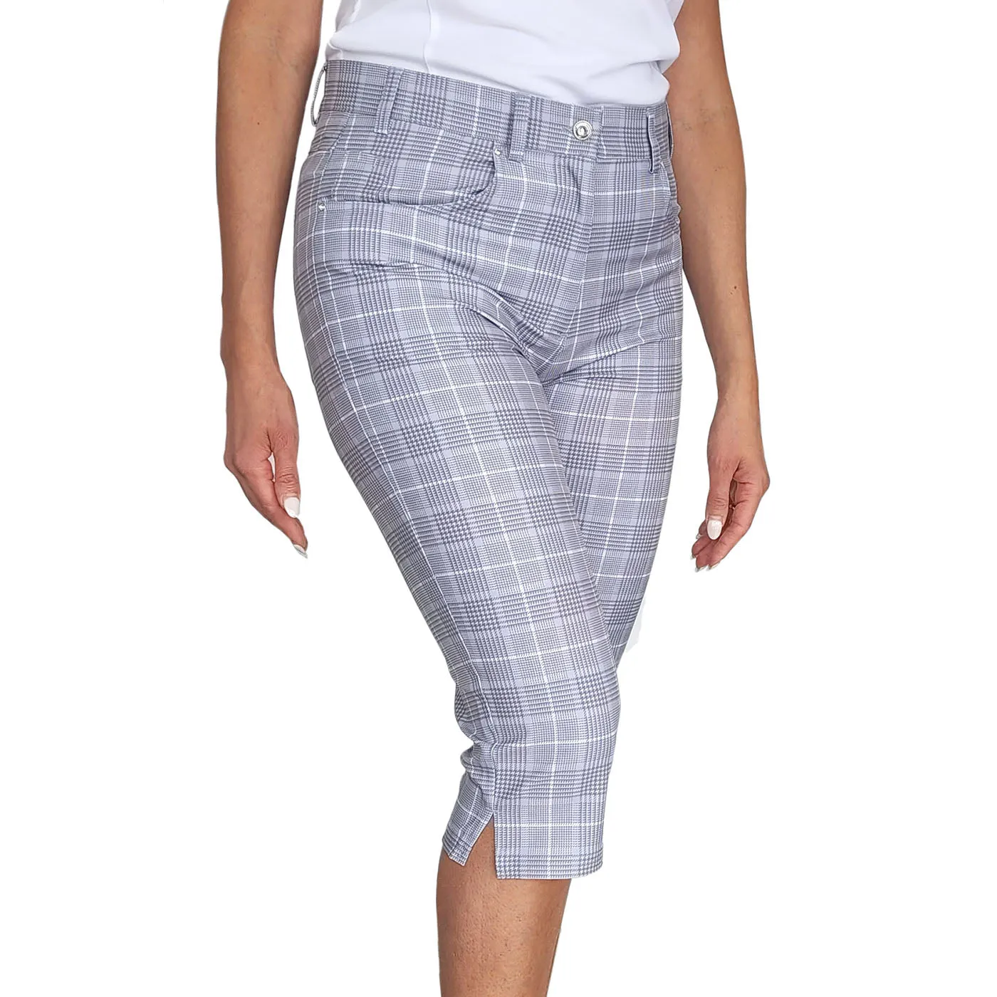 Glenmuir Women'S Phoebe Lightweight Stretch Performance Golf Capri Pants - Light Grey/ White Check Great Value
