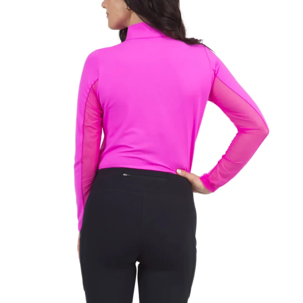 Ibkul Women'S Solid Long Sleeve Zip Mock Neck - Hot Pink Easter Sale Limited Time Offer