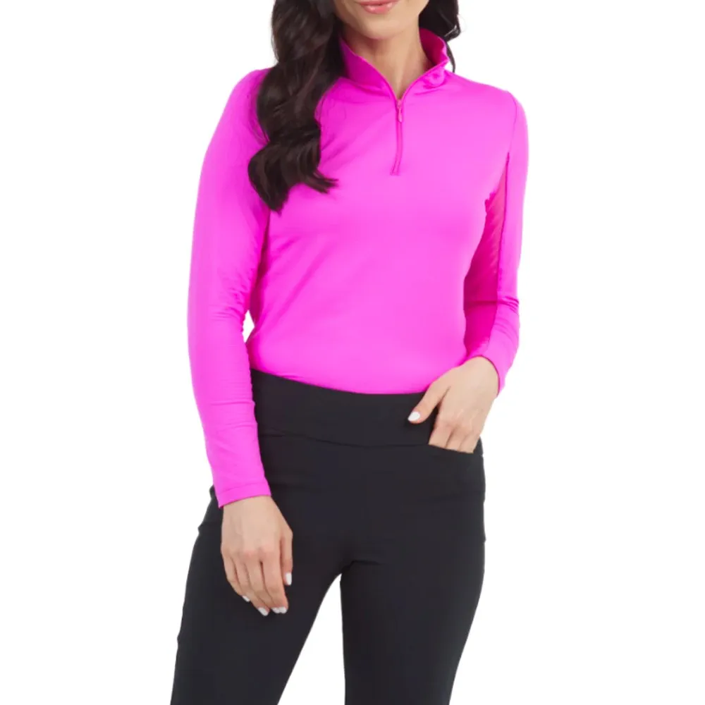 Ibkul Women'S Solid Long Sleeve Zip Mock Neck - Hot Pink Bring the Heat