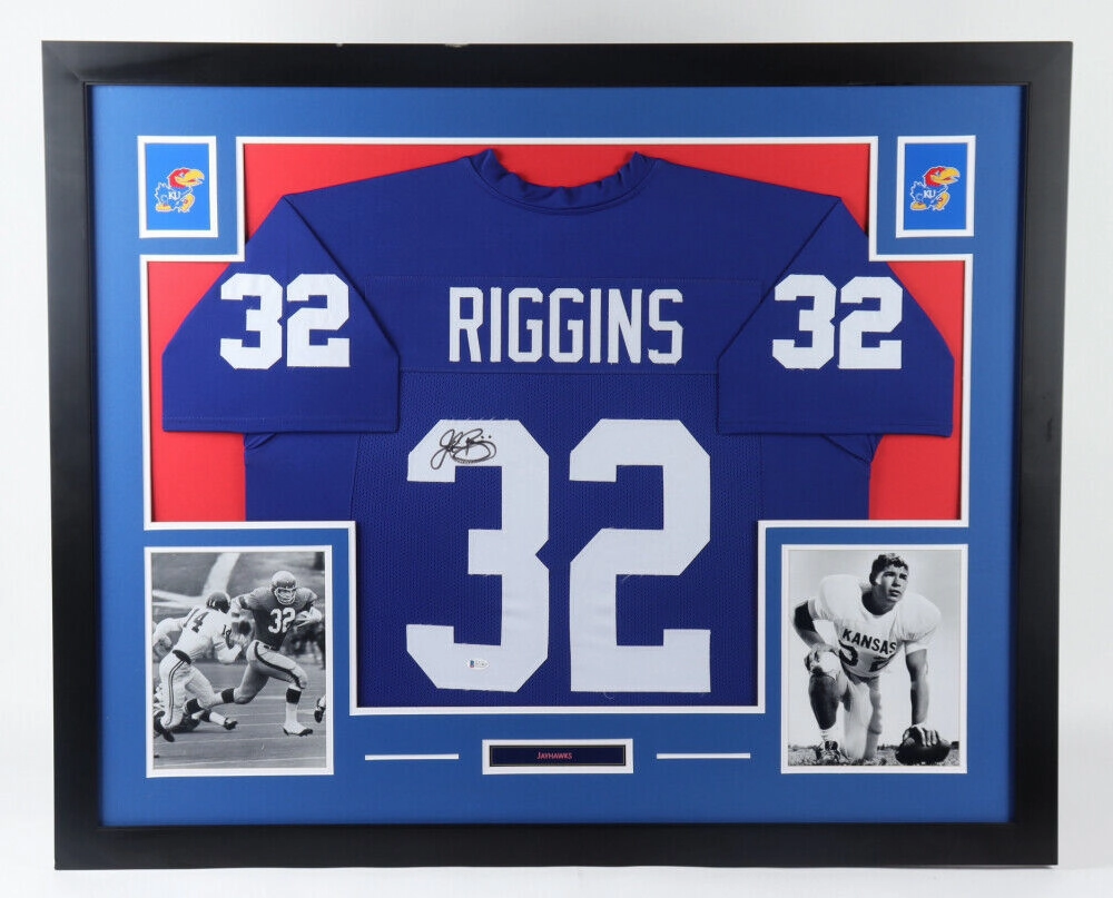 John Riggins Signed Kansas Jayhawk 35x43 Framed Jersey (Beckett COA) Redskins RB