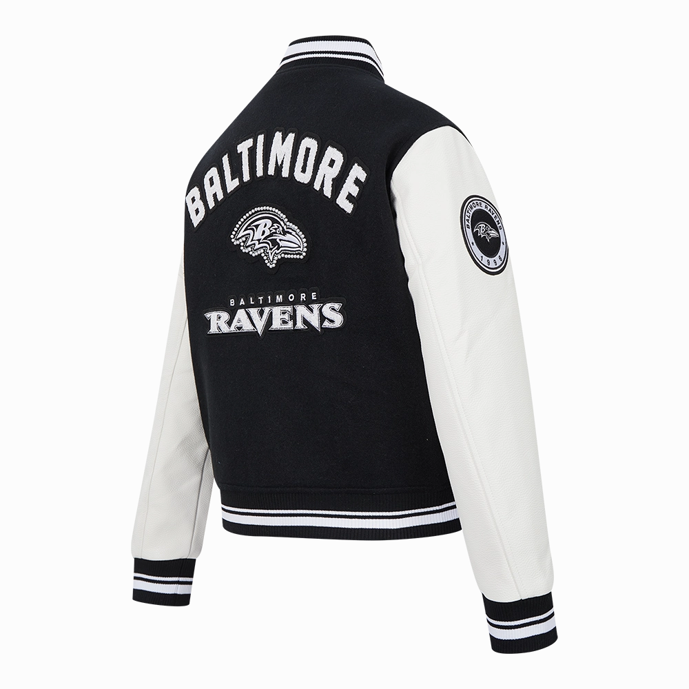 NFL BALTIMORE RAVENS PEARLS WOMEN'S RIB WOOL VARSITY JACKET (BLACK/WHITE)