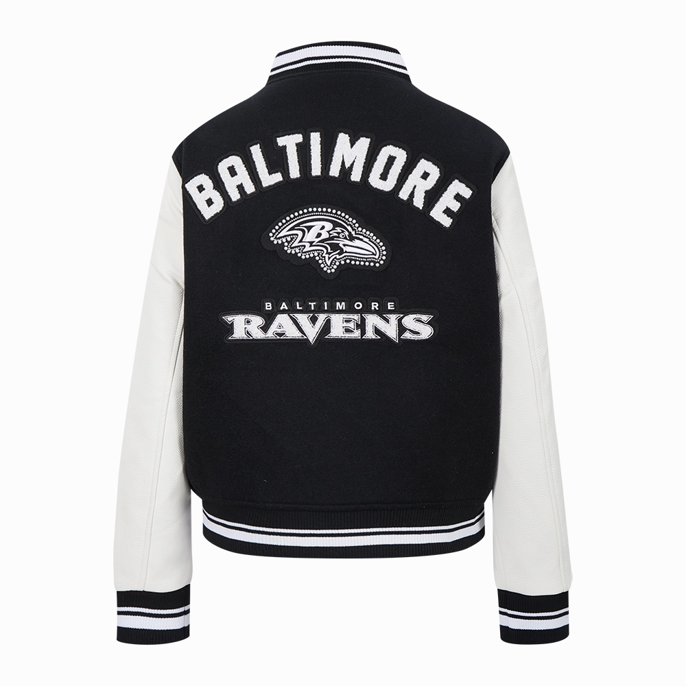 NFL BALTIMORE RAVENS PEARLS WOMEN'S RIB WOOL VARSITY JACKET (BLACK/WHITE)