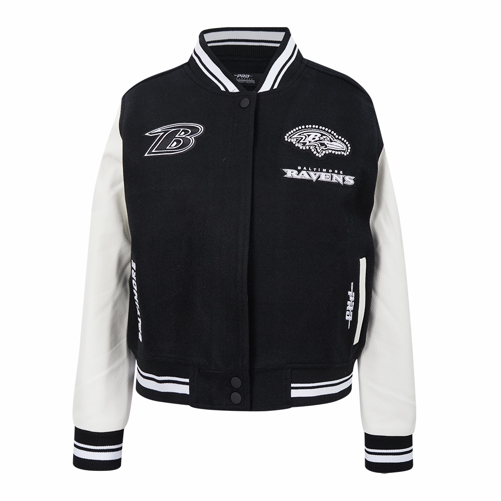NFL BALTIMORE RAVENS PEARLS WOMEN'S RIB WOOL VARSITY JACKET (BLACK/WHITE)