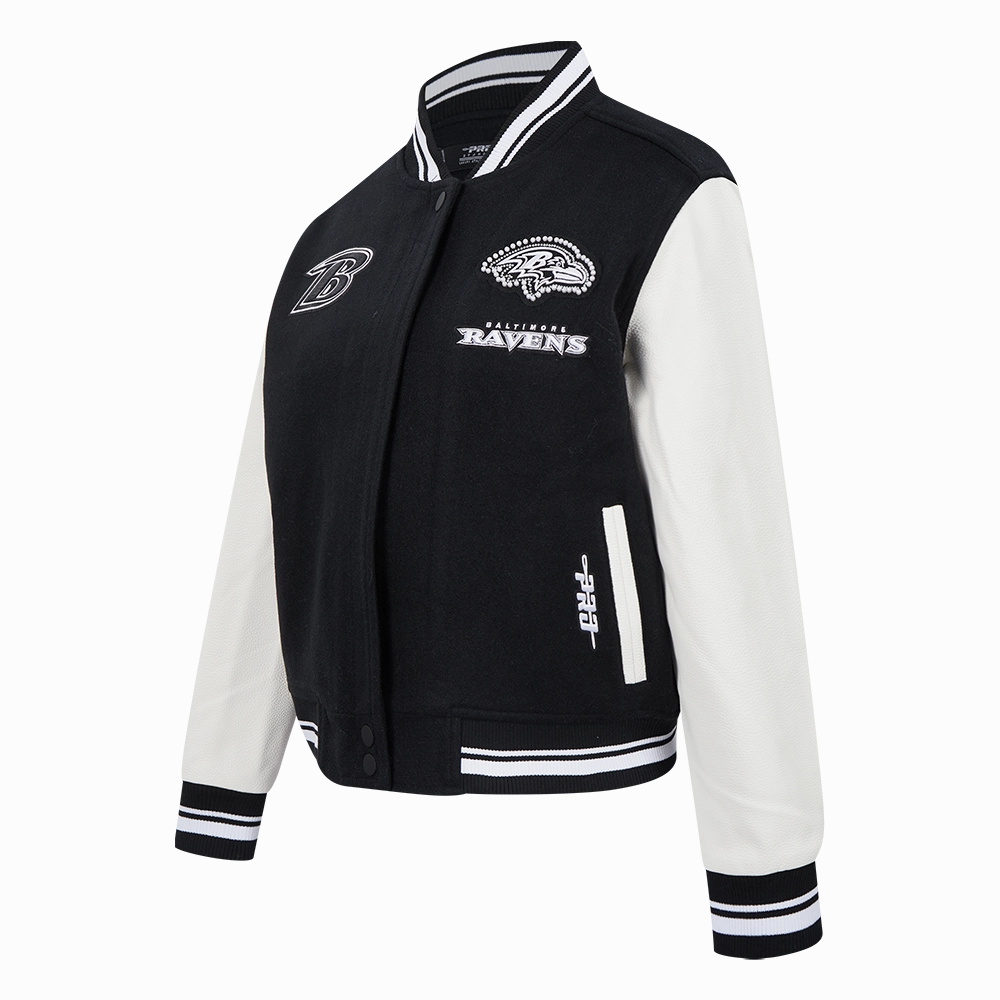 NFL BALTIMORE RAVENS PEARLS WOMEN'S RIB WOOL VARSITY JACKET (BLACK/WHITE)