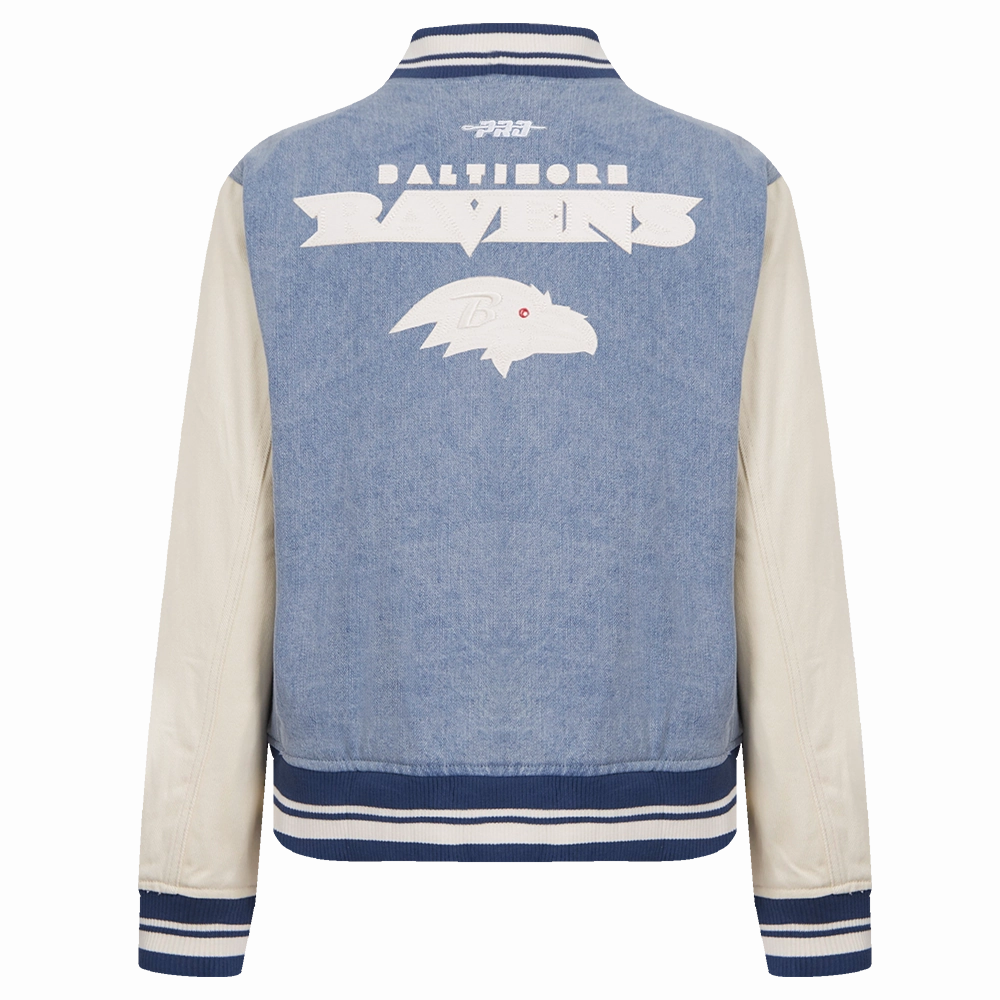 NFL BALTIMORE RAVENS VARSITY BLUES WOMEN'S DENIM VARSITY JACKET (DENIM/LINEN)