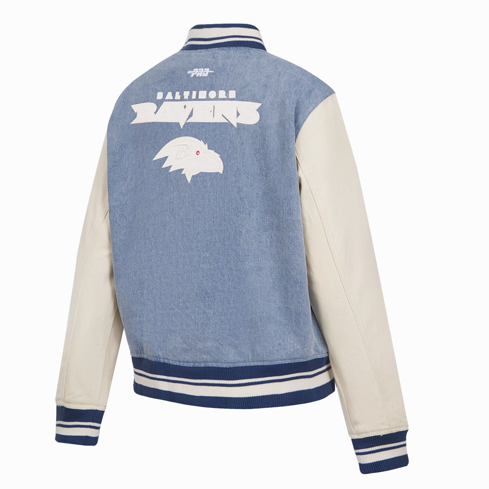 NFL BALTIMORE RAVENS VARSITY BLUES WOMEN'S DENIM VARSITY JACKET (DENIM/LINEN)