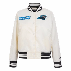 NFL CAROLINA PANTHERS RETRO CLASSIC WOMEN'S RIB SATIN JACKET (EGGSHELL/ BLACK)