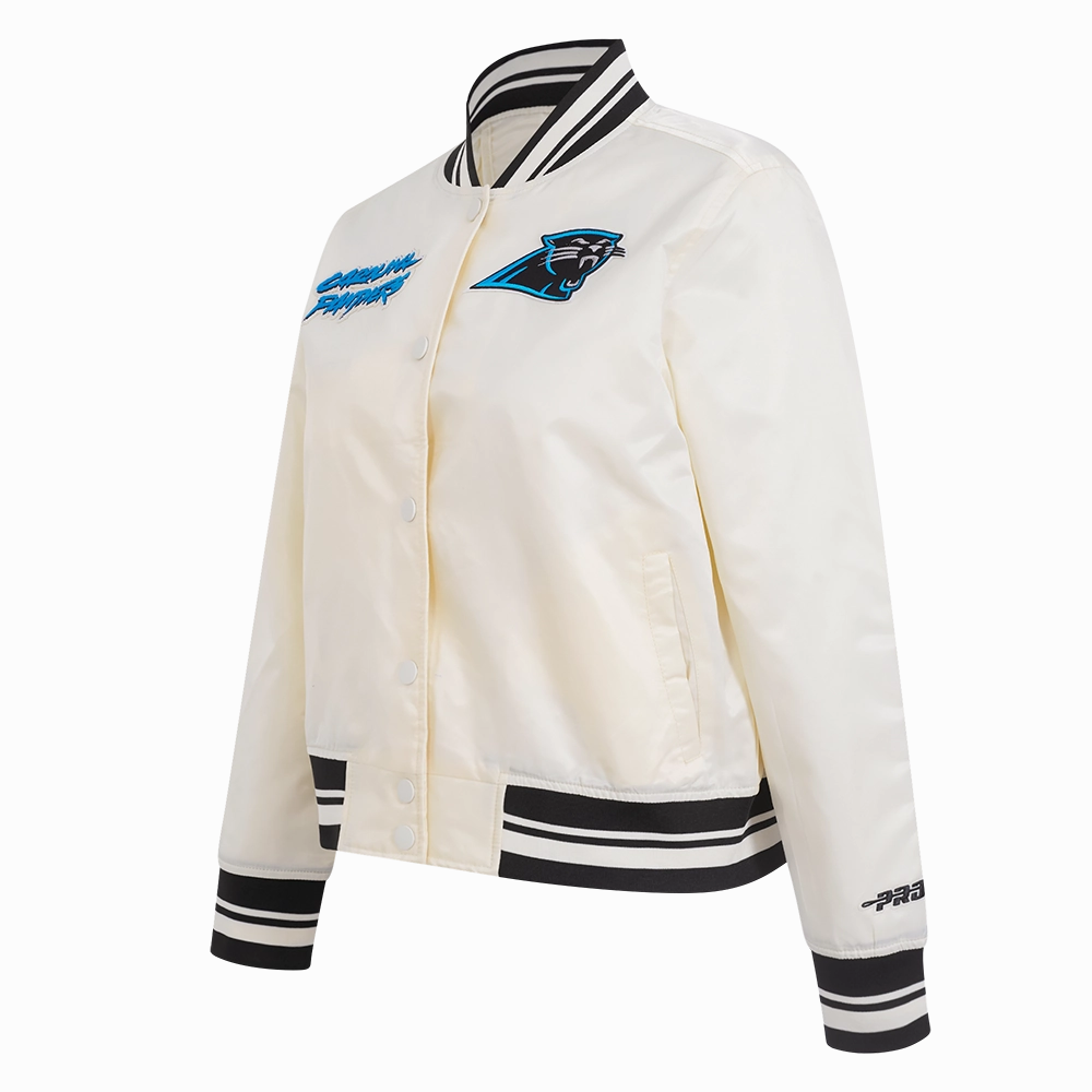 NFL CAROLINA PANTHERS RETRO CLASSIC WOMEN'S RIB SATIN JACKET (EGGSHELL/ BLACK)