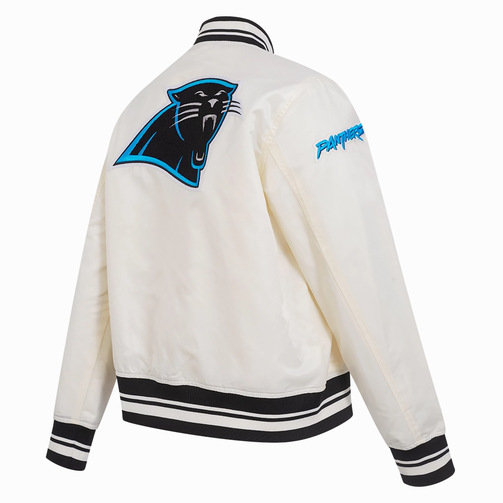 NFL CAROLINA PANTHERS RETRO CLASSIC WOMEN'S RIB SATIN JACKET (EGGSHELL/ BLACK)