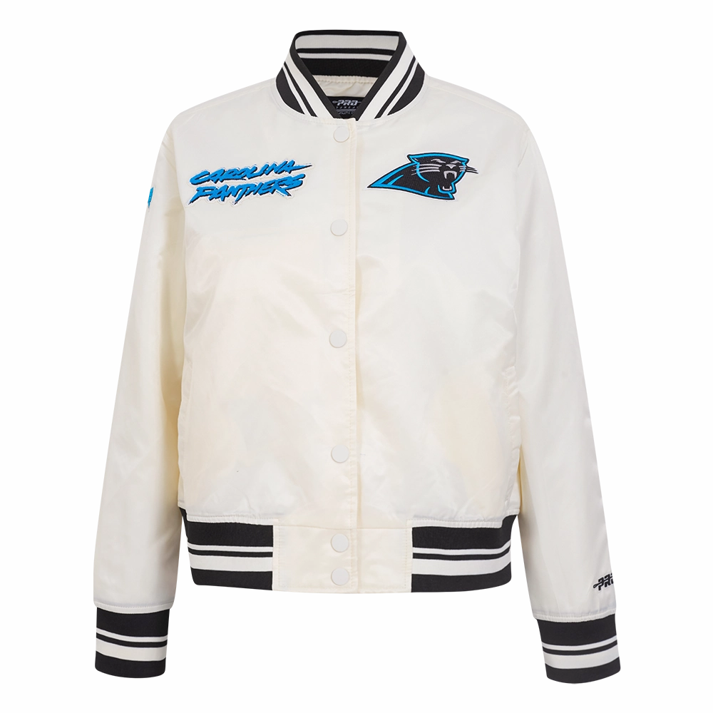 NFL CAROLINA PANTHERS RETRO CLASSIC WOMEN'S RIB SATIN JACKET (EGGSHELL/ BLACK)