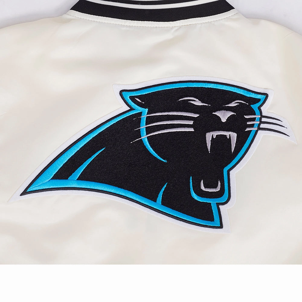 NFL CAROLINA PANTHERS RETRO CLASSIC WOMEN'S RIB SATIN JACKET (EGGSHELL/ BLACK)
