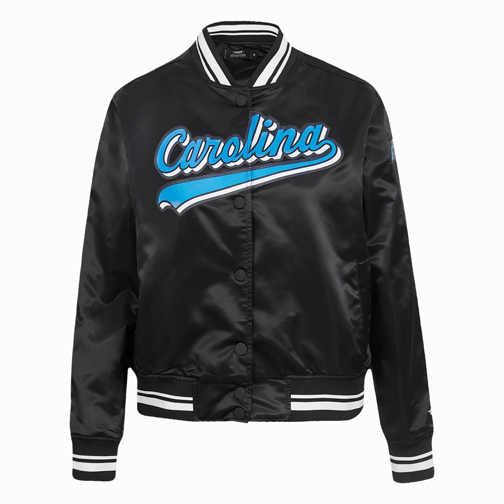 NFL CAROLINA PANTHERS SCRIPT TAIL WOMEN'S SATIN JACKET (BLACK)
