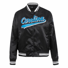 NFL CAROLINA PANTHERS SCRIPT TAIL WOMEN'S SATIN JACKET (BLACK)