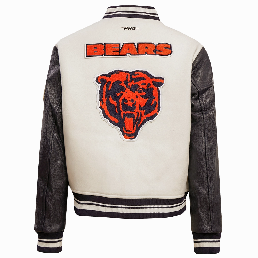 NFL CHICAGO BEARS RETRO CLASSIC WOMEN'S RIB WOOL VARSITY JACKET (EGGSHELL/ MIDNIGHT NAVY)