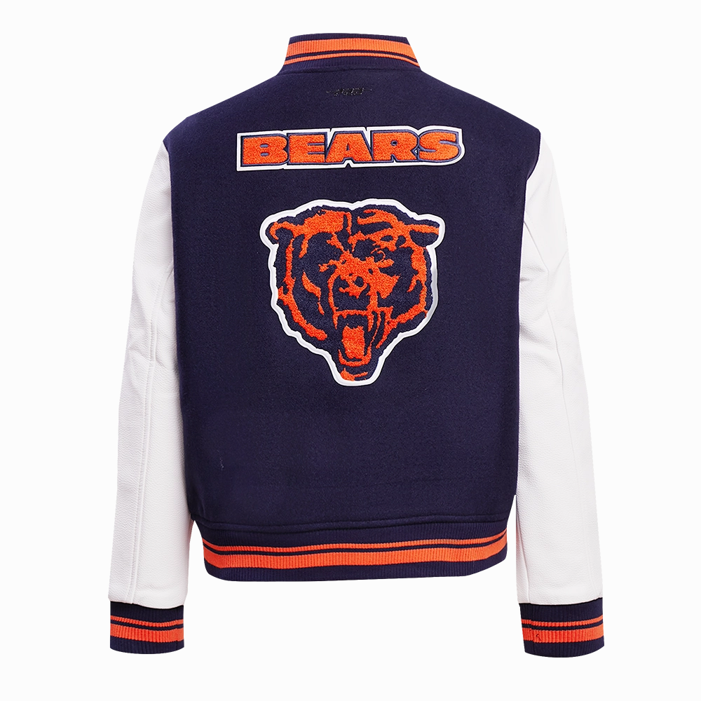 NFL CHICAGO BEARS RETRO CLASSIC WOMEN'S RIB WOOL VARSITY JACKET (MIDNIGHT NAVY/ORANGE/MIDNIGHT NAVY)