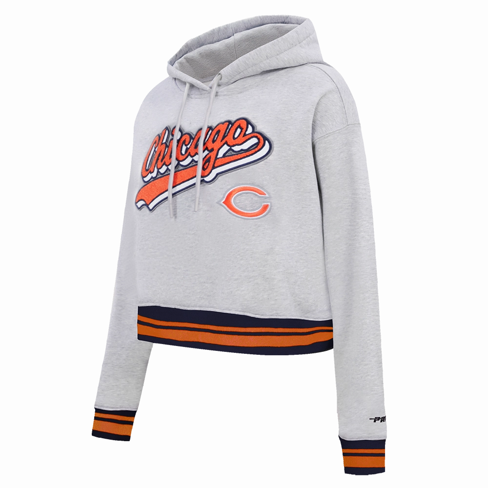 NFL CHICAGO BEARS SCRIPT TAIL WOMEN'S RIB FLC CROPPED PO HOODIE (HEATHER GREY/MIDNIGHT NAVY/ORANGE)