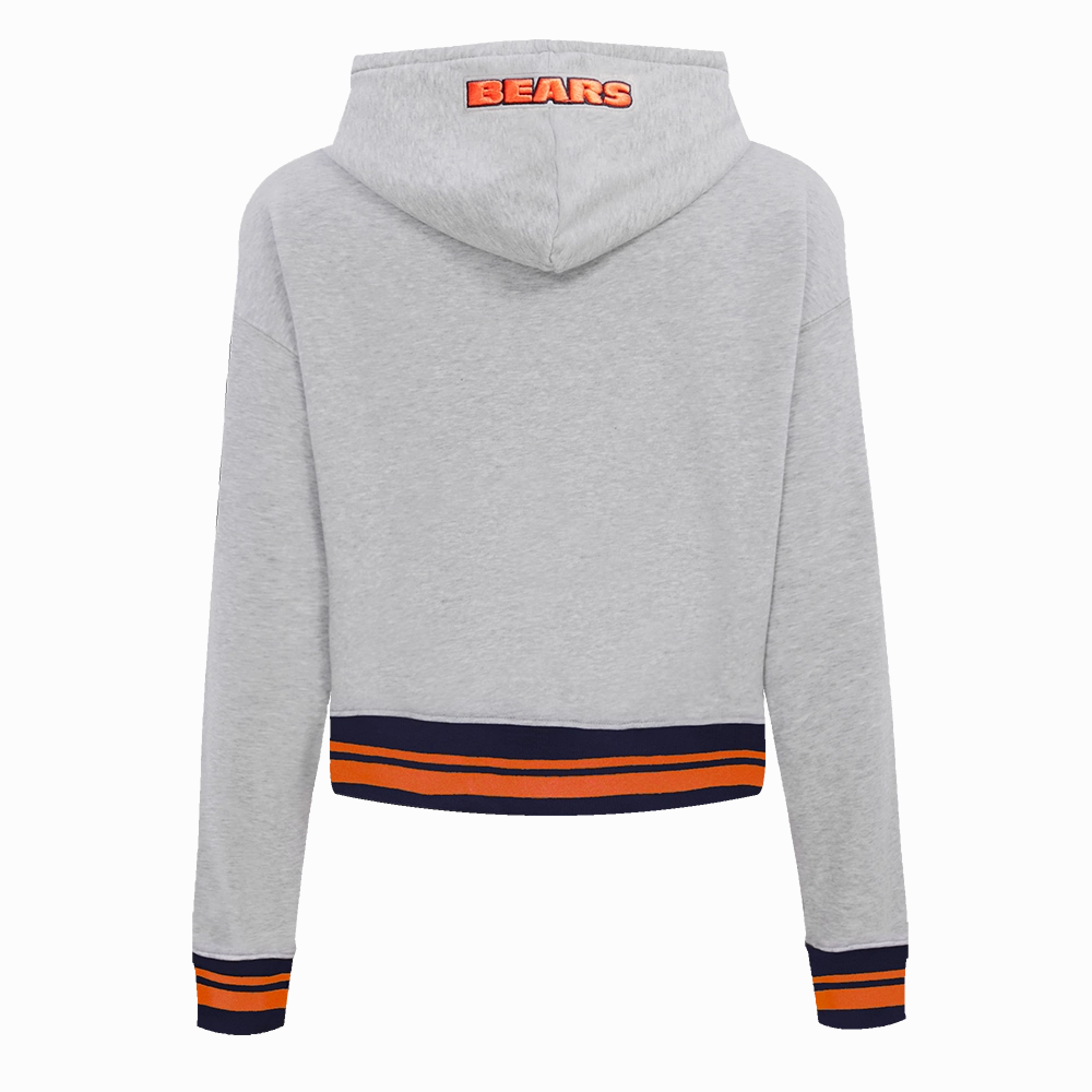 NFL CHICAGO BEARS SCRIPT TAIL WOMEN'S RIB FLC CROPPED PO HOODIE (HEATHER GREY/MIDNIGHT NAVY/ORANGE)