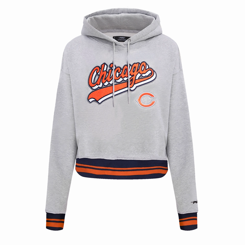 NFL CHICAGO BEARS SCRIPT TAIL WOMEN'S RIB FLC CROPPED PO HOODIE (HEATHER GREY/MIDNIGHT NAVY/ORANGE)