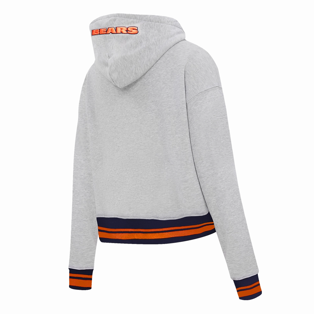 NFL CHICAGO BEARS SCRIPT TAIL WOMEN'S RIB FLC CROPPED PO HOODIE (HEATHER GREY/MIDNIGHT NAVY/ORANGE)