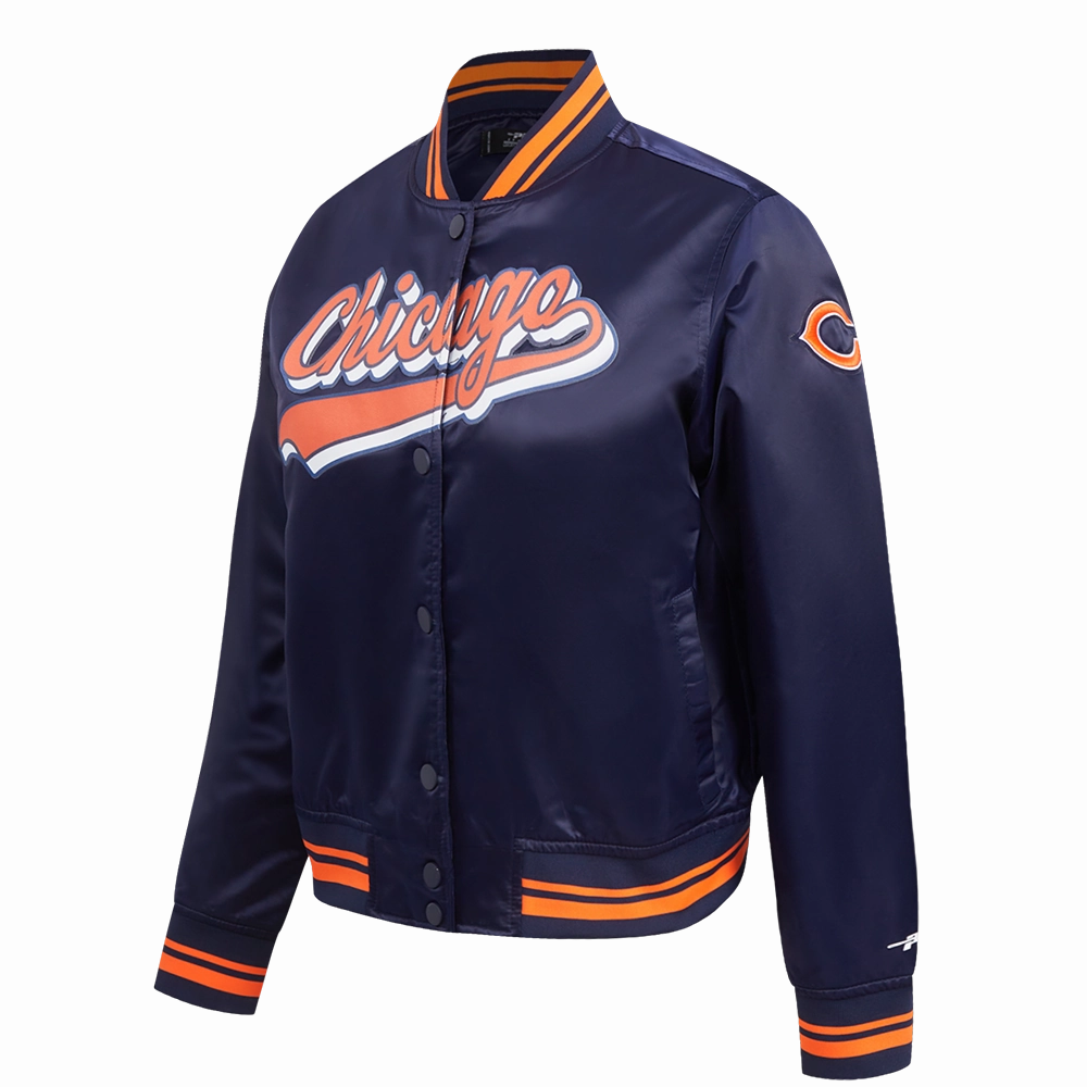 NFL CHICAGO BEARS SCRIPT TAIL WOMEN'S SATIN JACKET (MIDNIGHT NAVY/ORANGE/MIDNIGHT NAVY)