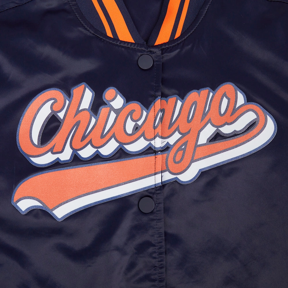 NFL CHICAGO BEARS SCRIPT TAIL WOMEN'S SATIN JACKET (MIDNIGHT NAVY/ORANGE/MIDNIGHT NAVY)
