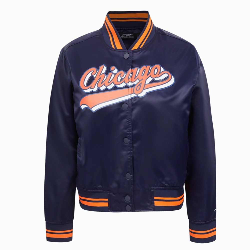 NFL CHICAGO BEARS SCRIPT TAIL WOMEN'S SATIN JACKET (MIDNIGHT NAVY/ORANGE/MIDNIGHT NAVY)