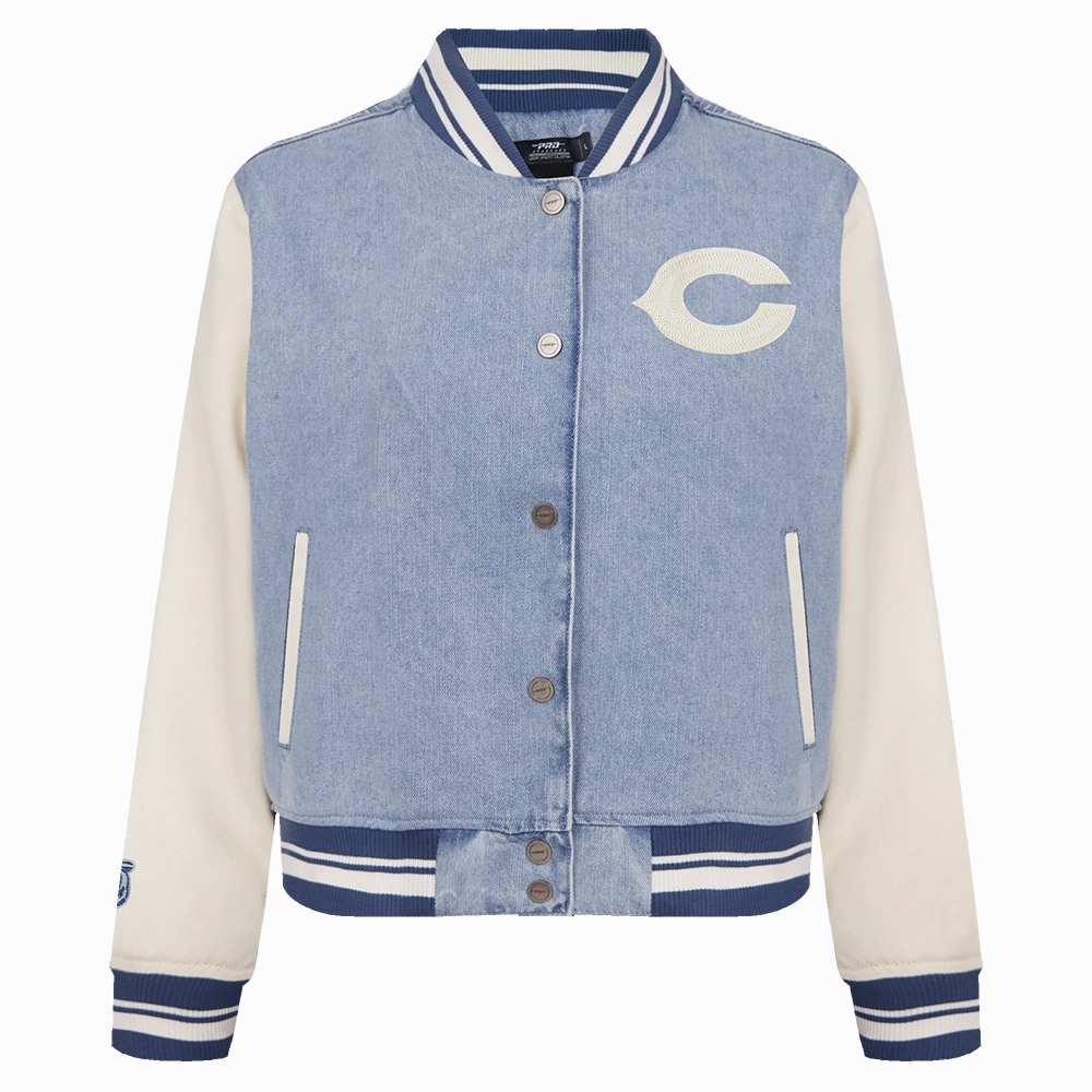 NFL CHICAGO BEARS VARSITY BLUES WOMEN'S DENIM VARSITY JACKET (DENIM/LINEN)