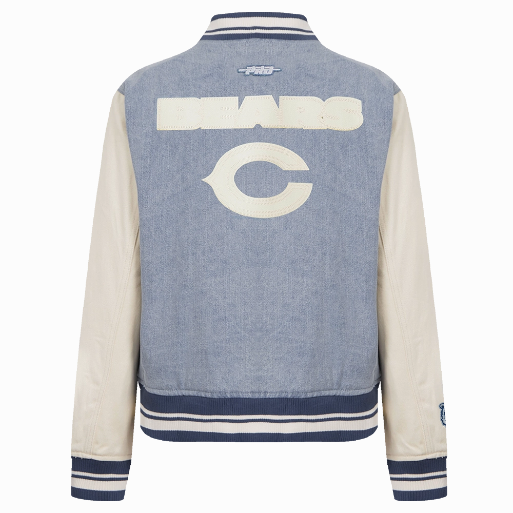NFL CHICAGO BEARS VARSITY BLUES WOMEN'S DENIM VARSITY JACKET (DENIM/LINEN)